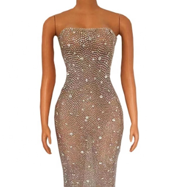 Sexy Mesh See Through Strapless Crystal Rhinestone Formal Birthday Party Women Prom Long Evening Club Dress