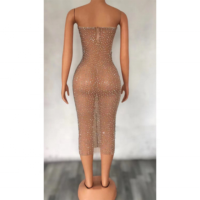 Sexy Mesh See Through Strapless Crystal Rhinestone Formal Birthday Party Women Prom Long Evening Club Dress