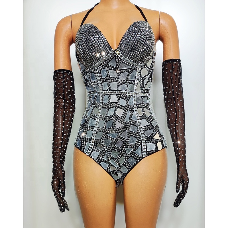 Black Tight Fitting Slimming Full Of Diamond Gloves Nightclub Performance Costumes Mirror Bodysuit for women