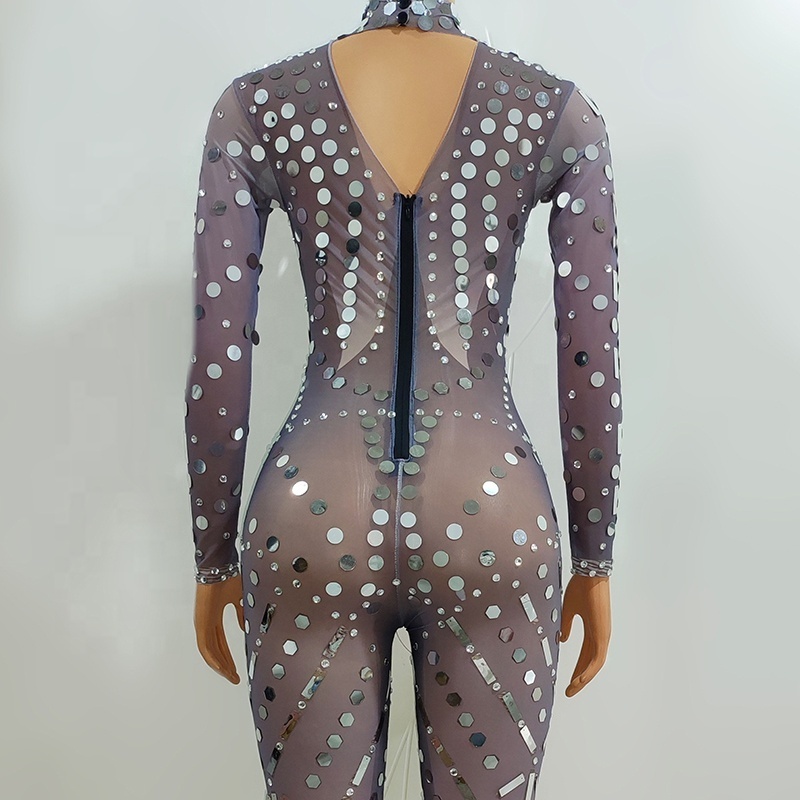 Silver Rhinestones Sequins Transparent Jumpsuit Evening Dance Long Sleeves Outfit Birthday Prom Bodysuit Leggings