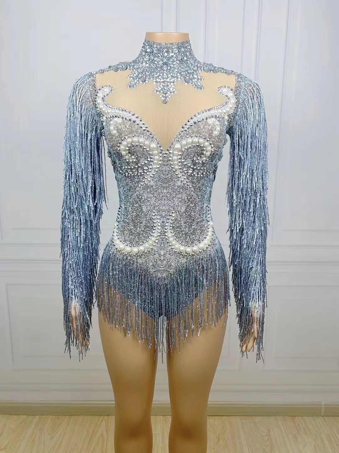 Fashion Gray Fringe Silver Rhinestones Pearls Transparent Bodysuit Women Dance Show Costume Birthday Party Outfit