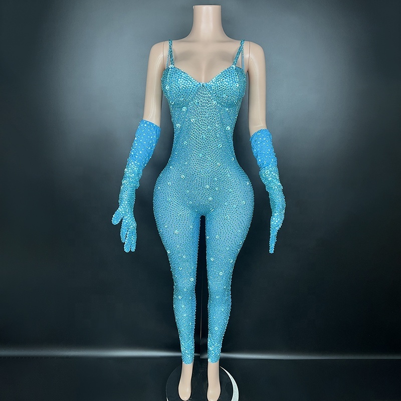 Rhinestone Customized Plus Size Women's Bodysuit Club Costume With Gloves Sleeveless Mesh Silver Jumpsuit Corset