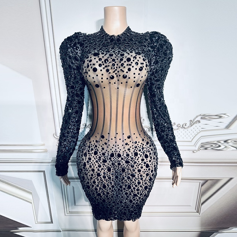 Black Diamond Mesh Evening Dresses Long Sleeves Elegant Quinceanera Dresses For Women