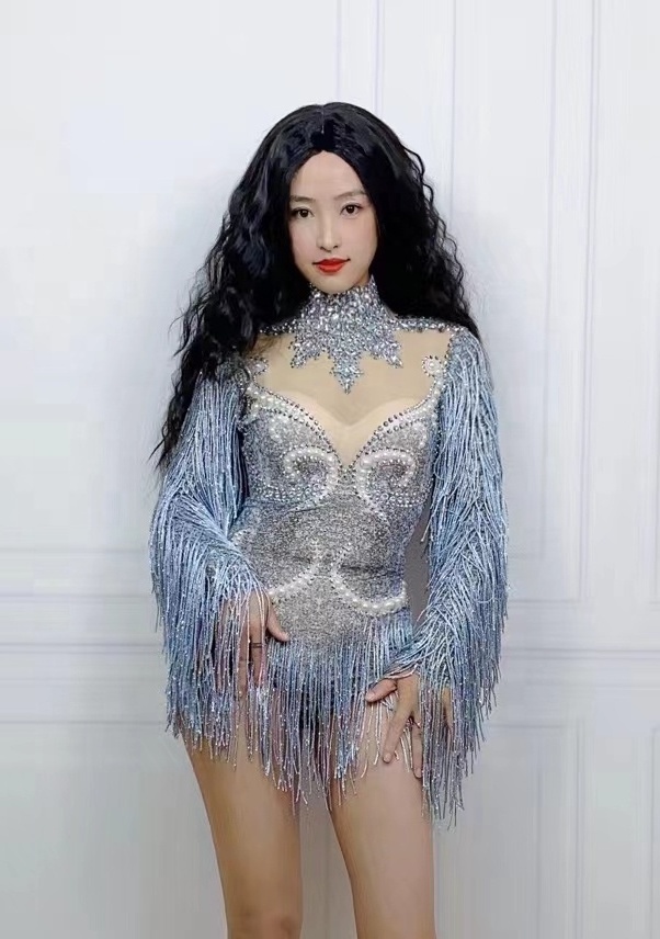 Fashion Gray Fringe Silver Rhinestones Pearls Transparent Bodysuit Women Dance Show Costume Birthday Party Outfit