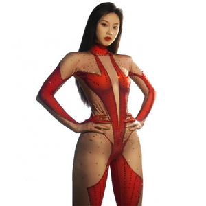 Red Rhinestones Sexy Nude Gloves Jumpsuit Dance Stretch Bodysuit Outfit Evening Singer Performance Costume