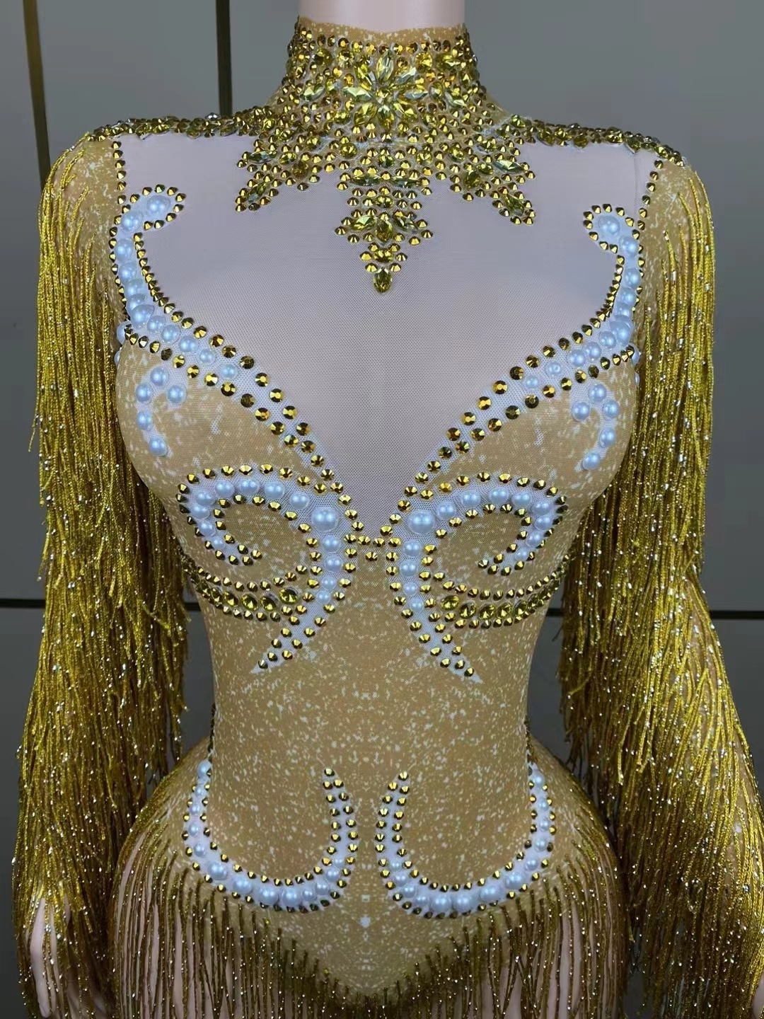 Fashion Gold Fringe Silver Rhinestones Pearls Transparent Bodysuit Women Dance Show Costume Birthday Party Outfit