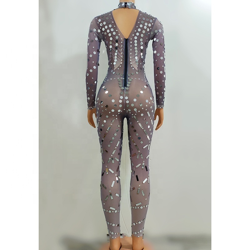 Silver Rhinestones Sequins Transparent Jumpsuit Evening Dance Long Sleeves Outfit Birthday Prom Bodysuit Leggings