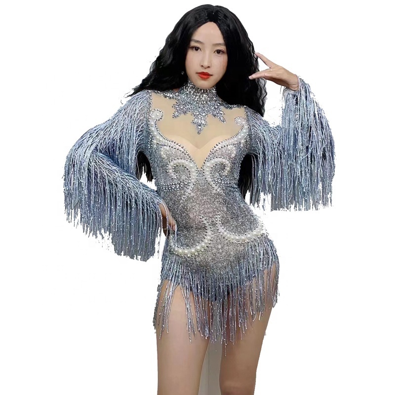 Fashion Gray Fringe Silver Rhinestones Pearls Transparent Bodysuit Women Dance Show Costume Birthday Party Outfit