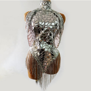 Rhinestone Sparkly Silver Sequins Leotard Bling Sexy Dance Fringes Bodysuit Costume Birthday Singer Stage Wear