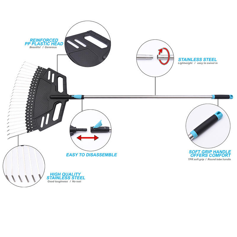 New Style 24 Teeth Lawn, Leveling Rake Durable Stainless Steel Ergonomic Steel Handle Garden Planting Leaf Rake/