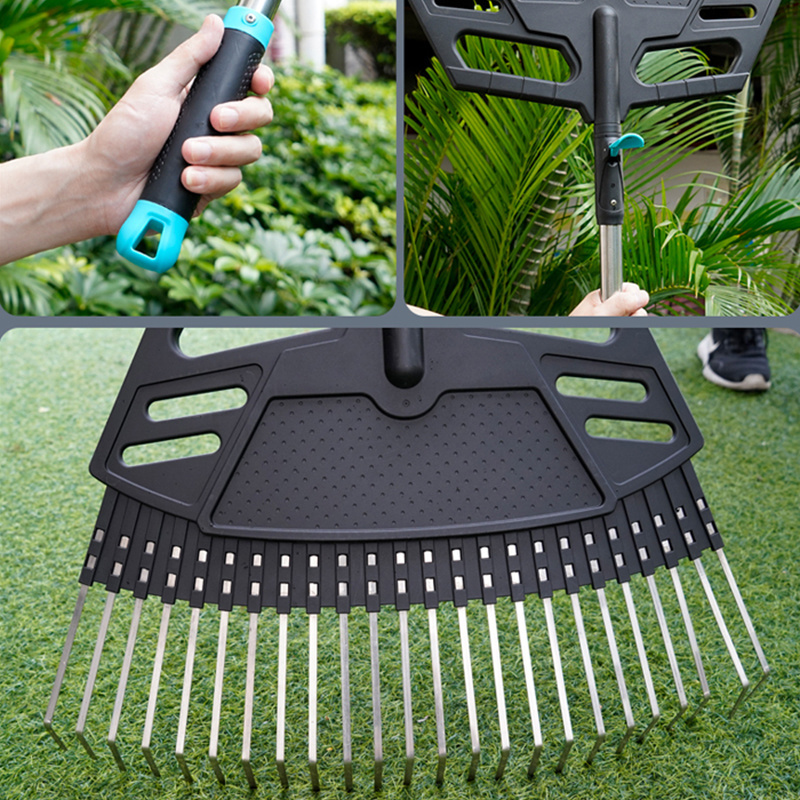 New Style 24 Teeth Lawn, Leveling Rake Durable Stainless Steel Ergonomic Steel Handle Garden Planting Leaf Rake/