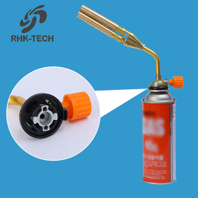 RHK Portable Mini Outdoor Double Copper Nozzle Barrel Manual Ignition Brazing Butane Flame Gun Gas Welding Torch