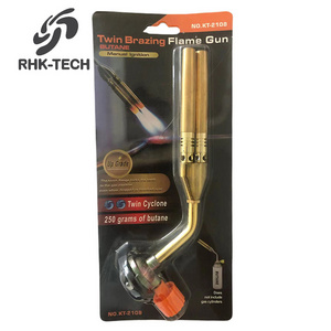 RHK Portable Mini Outdoor Double Copper Nozzle Barrel Manual Ignition Brazing Butane Flame Gun Gas Welding Torch