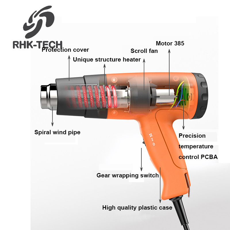 RHK 2024 Industrial Portable 1600W Rear Temperature Control Shrink Wrap Hot Air Heat Gun for Auto Paster, Shrinkable Film