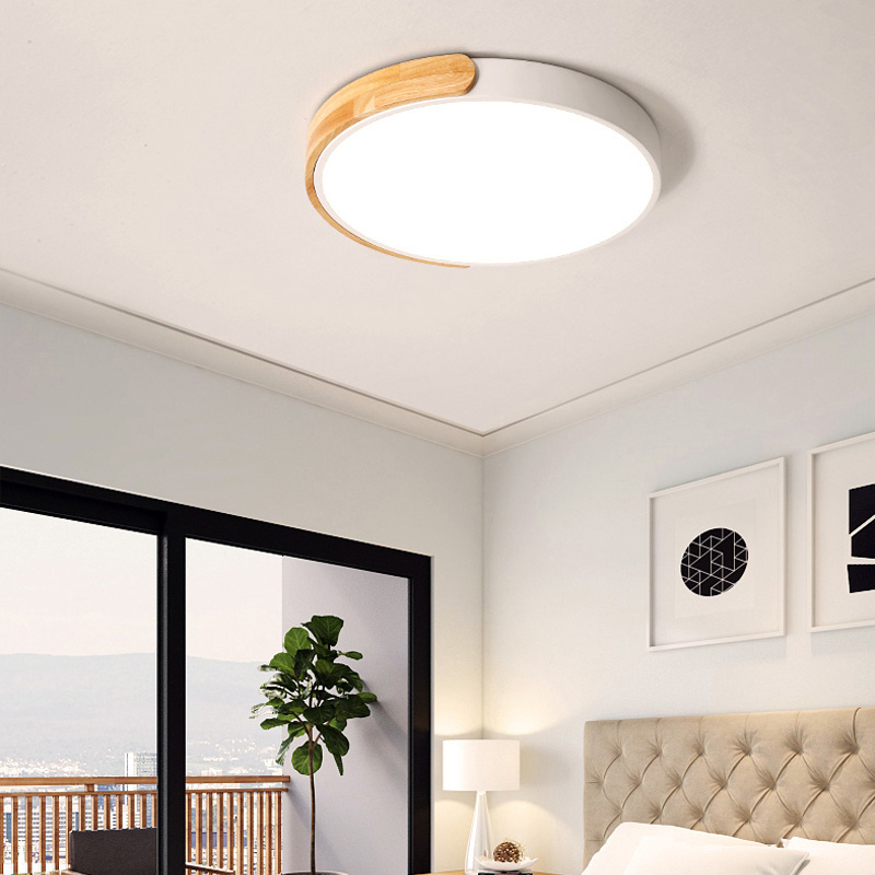 Hot sale modern bedroom round wooden fixture ultra-thin led ceiling lights for living room