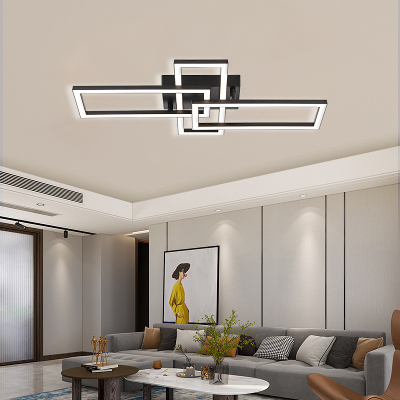 Modern Hotel Bedroom LED Ceiling Light Three-Frame Square Plastic warm light Surface Installation Black-for Bedroom Decor