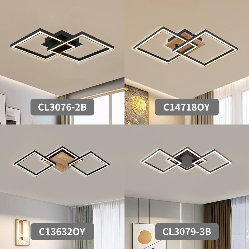 Modern Hotel Bedroom LED Ceiling Light Three-Frame Square Plastic warm light Surface Installation Black-for Bedroom Decor