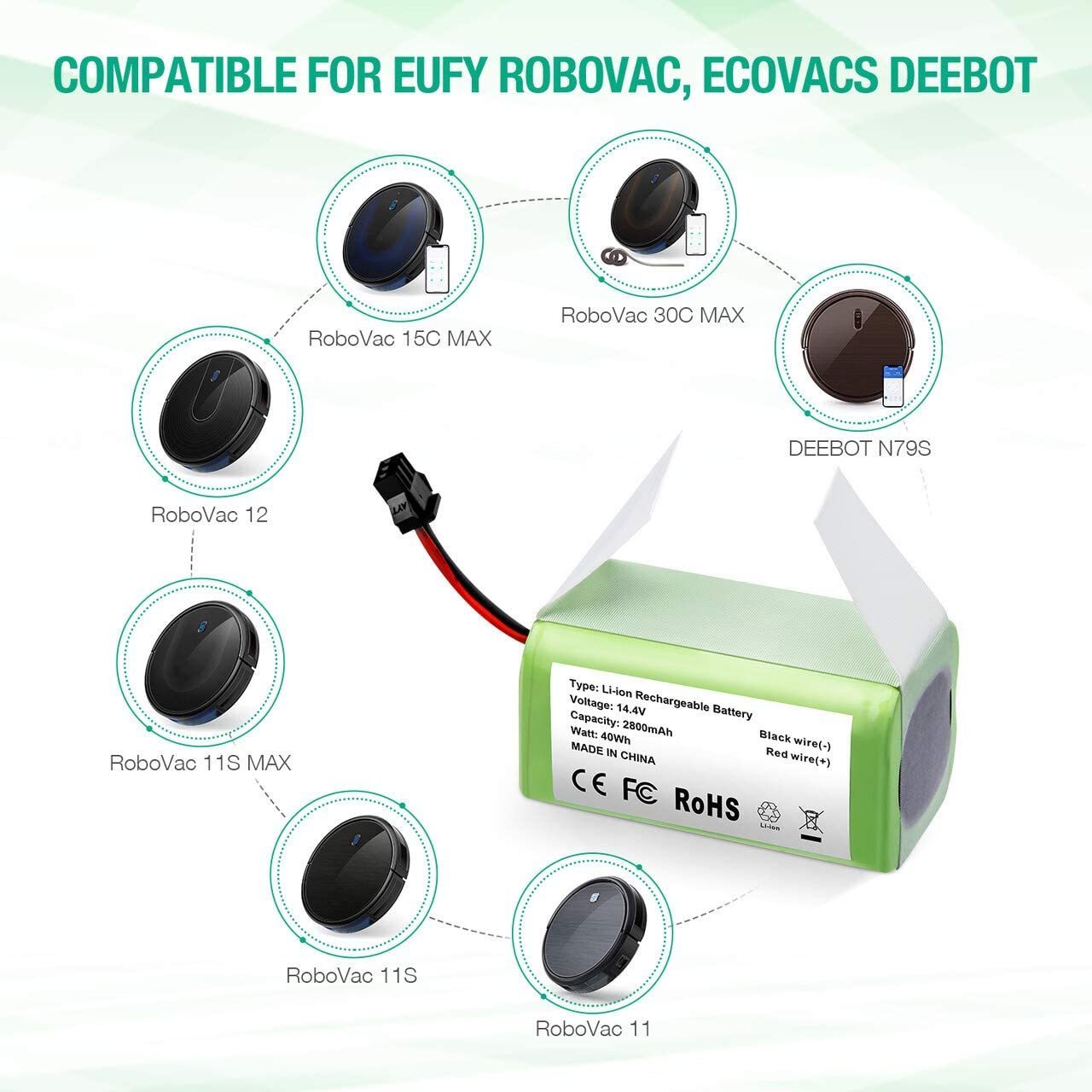 Replacement 2800mAh 3500mAh 4000mAh Eufy RoboVac 14.4V Lithium Ion Battery for Eufy RoboVac 11, 11S, 11S Plus, 11S MAX