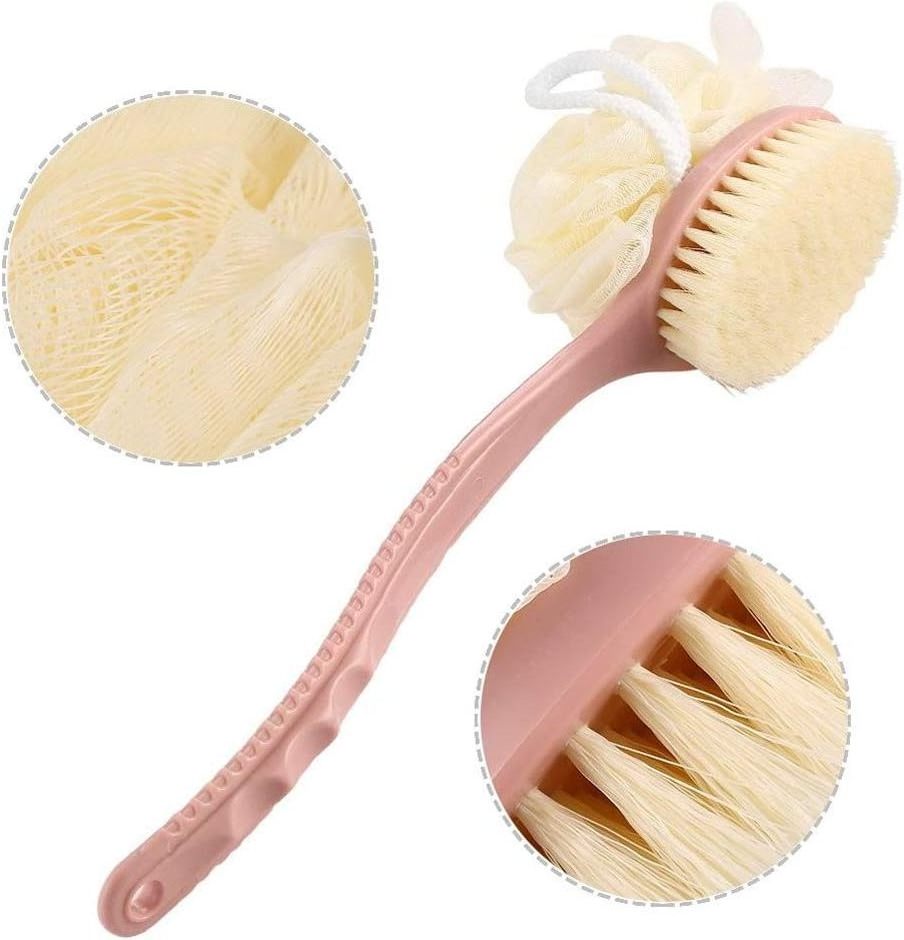 Shower Body Brush with Bristles and Loofah Back Scrubber Bath Mesh Sponge with Curved Long Handle Meaning for Skin