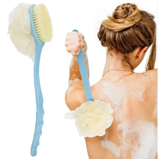 Shower Body Brush with Bristles and Loofah Back Scrubber Bath Mesh Sponge with Curved Long Handle Meaning for Skin