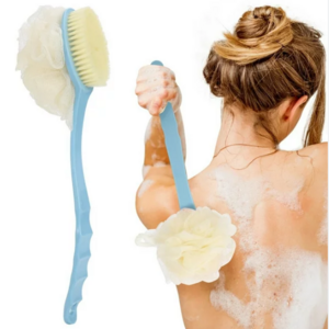 Shower Body Brush with Bristles and Loofah Back Scrubber Bath Mesh Sponge with Curved Long Handle Meaning for Skin