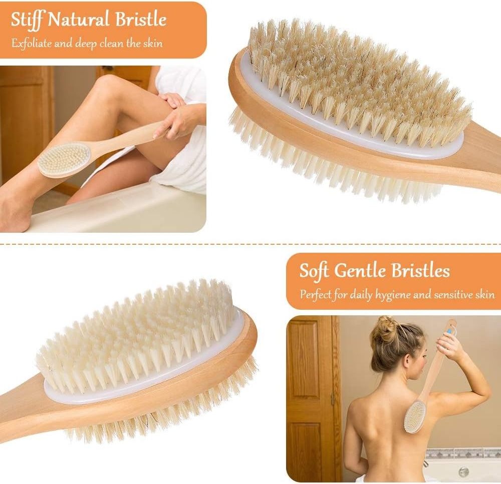 Body Brush Back Scrubber for Shower Long Handle Bathing Brush with Soft and Stiff Bristles