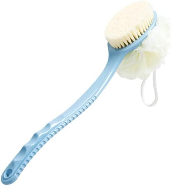 Shower Body Brush with Bristles and Loofah Back Scrubber Bath Mesh Sponge with Curved Long Handle Meaning for Skin