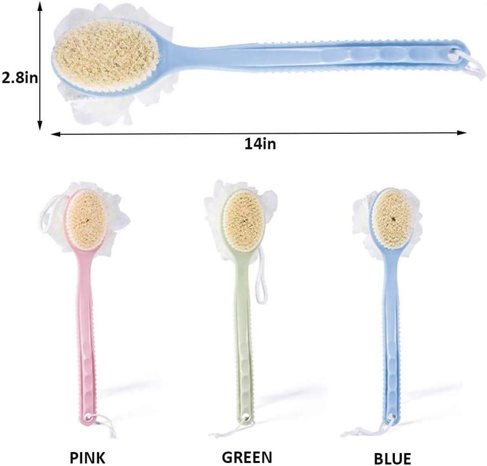 Shower Body Brush with Bristles and Loofah Back Scrubber Bath Mesh Sponge with Curved Long Handle Meaning for Skin