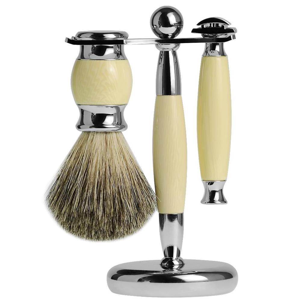 Wood handle safety razor shaving brush badger hair set with stand holder