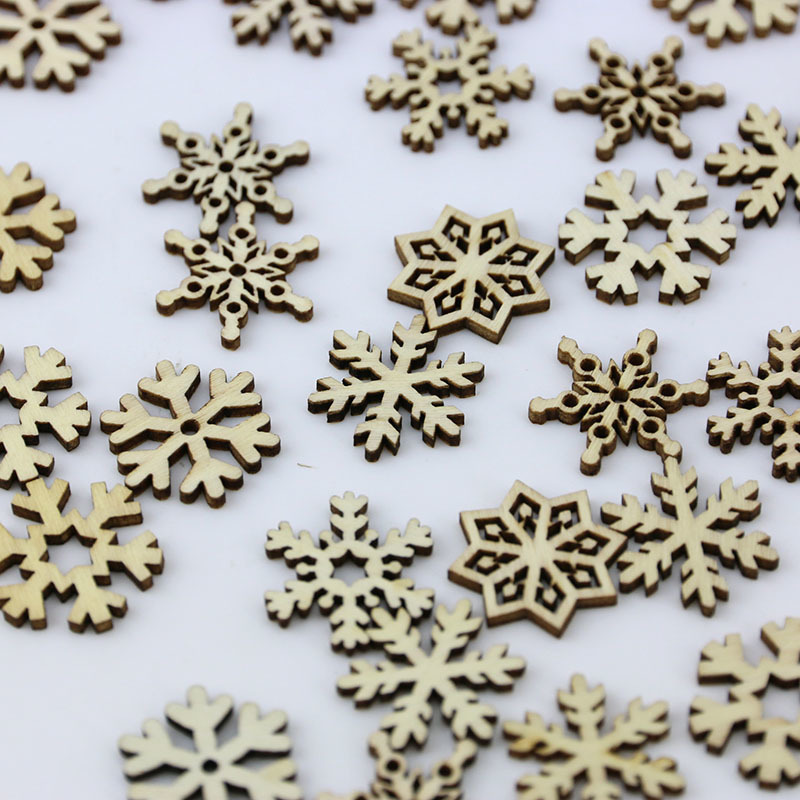 (100pcs/pack) 25mm 1''  Wooden Shape Snowflakes Mix Christmas Tree Ornaments Pendants Snowflakes New Year Decor For Home