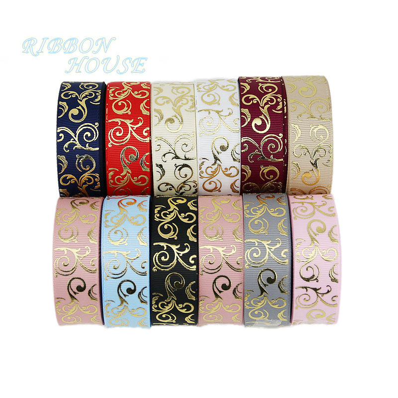 (10 yards/lot) 25mm White gold foil Hot stamping grosgrain ribbon gift wedding ribbons roll wholesale