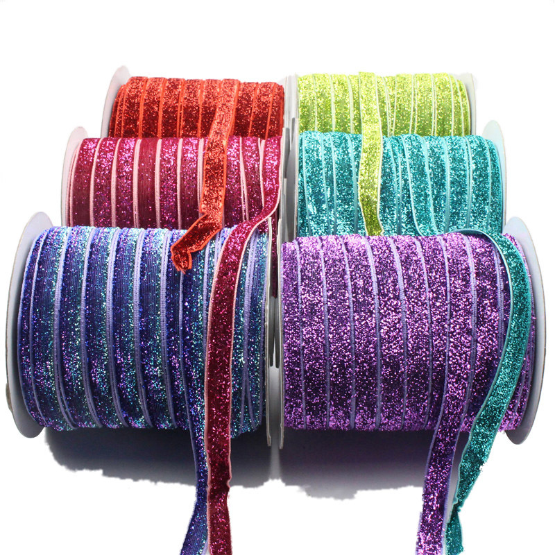 Custom 1 Inch Stretch Glitter Elastic Metallic Velvet Ribbons