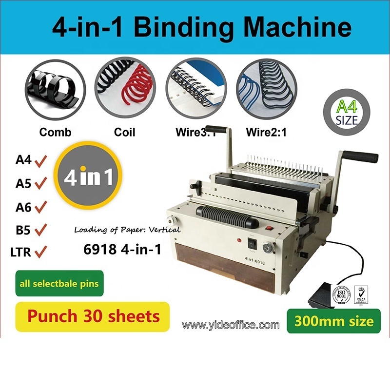 6918 Four molds Book Binding Machine Wire Spiral Binder Punching Binding Machine Coil Comb Binder Machine