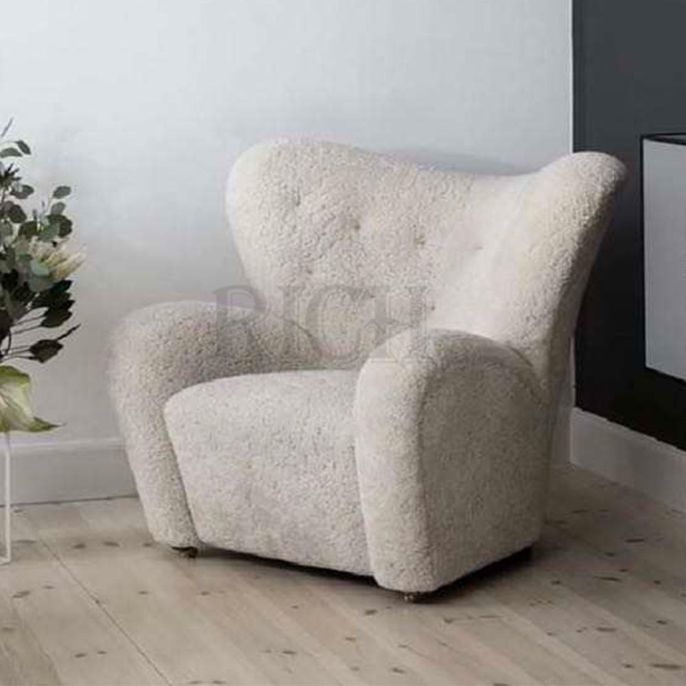 European Luxury White Fake Sheep Chair Sofa ArmChair Fabric Sheep Skin Lounge Fur Plush Cover Wing Back Boucle Accent Chair