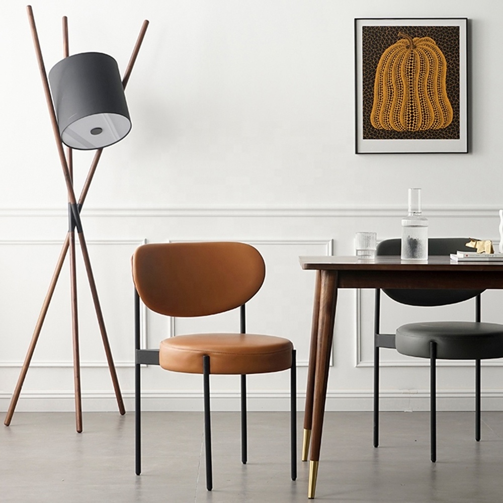 Modern Industrial Style Restaurant Dining Chair with Brown Microfiber Synthetic Leather Black Metal Leg Dining Chair