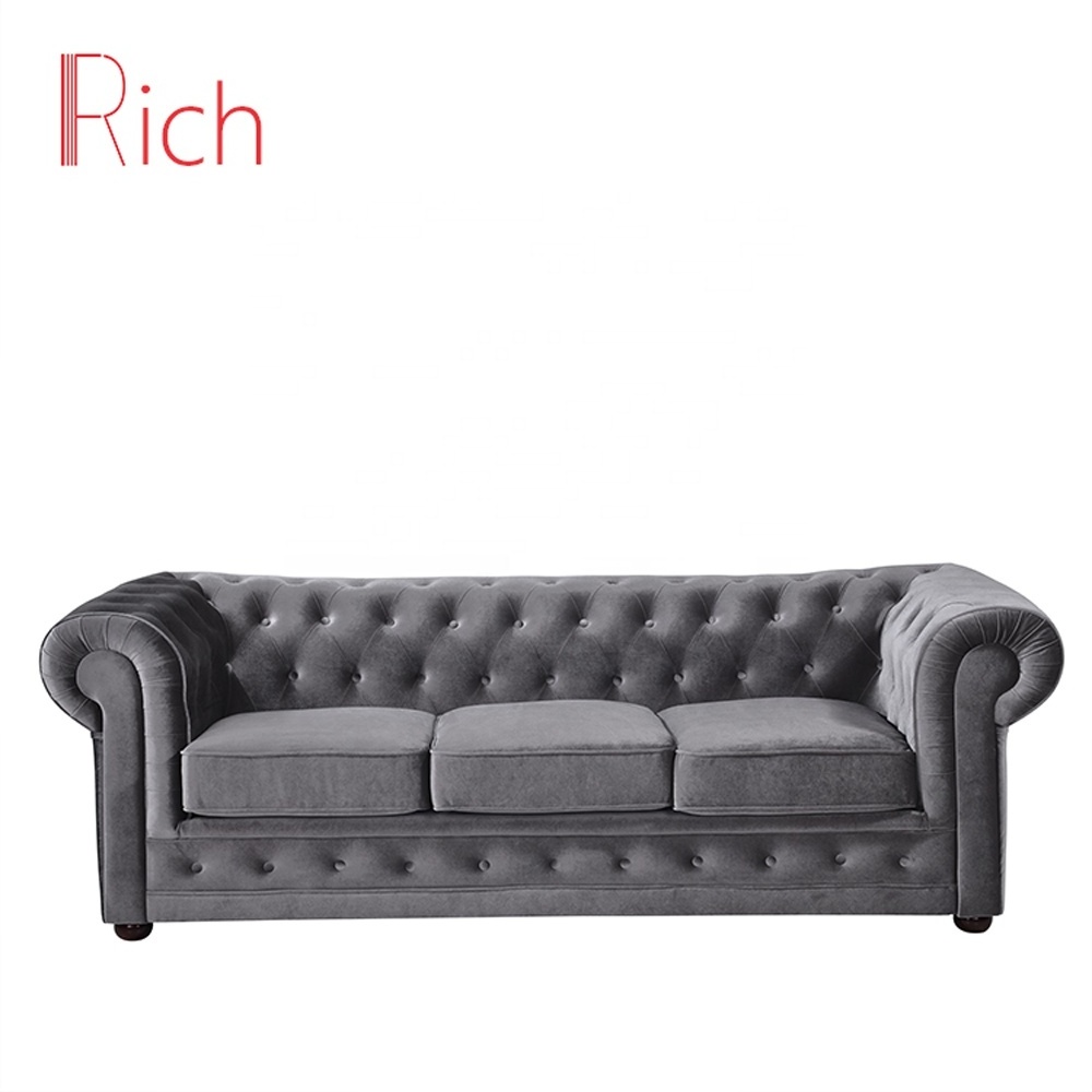 Grey Fabric Velvet Chesterfield Sofa Furniture with 3 seat Living Room Furniture Sofa Sets