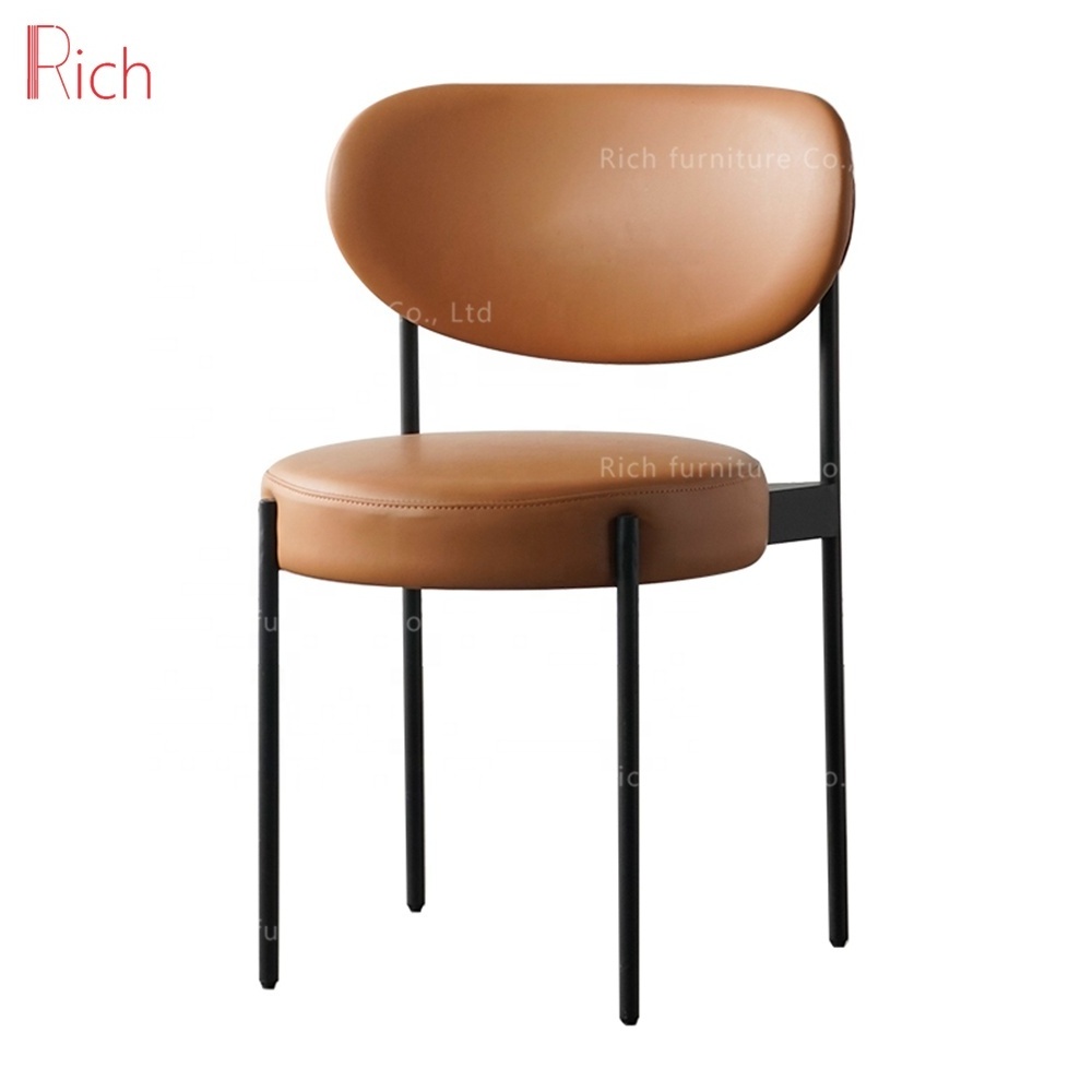 Modern Industrial Style Restaurant Dining Chair with Brown Microfiber Synthetic Leather Black Metal Leg Dining Chair