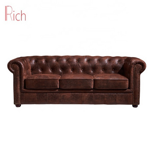 American modern style furniture antique 3 Seater tufted sofa upholstery vintage leather living room chesterfield leisure sofa