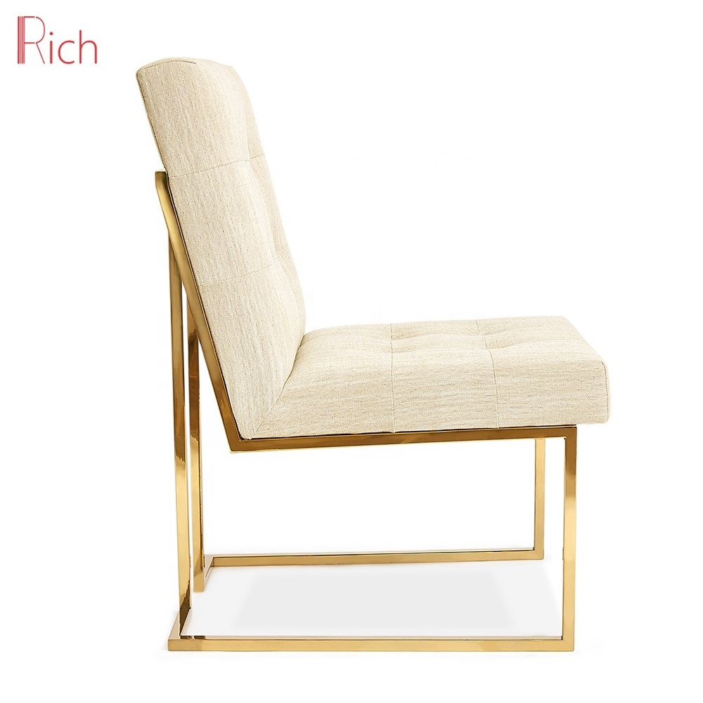 Foshan Home Furniture Beige Fabric Upholstery Leisure Chair Polished Gold Frame Dinning Room Goldfinger Chair