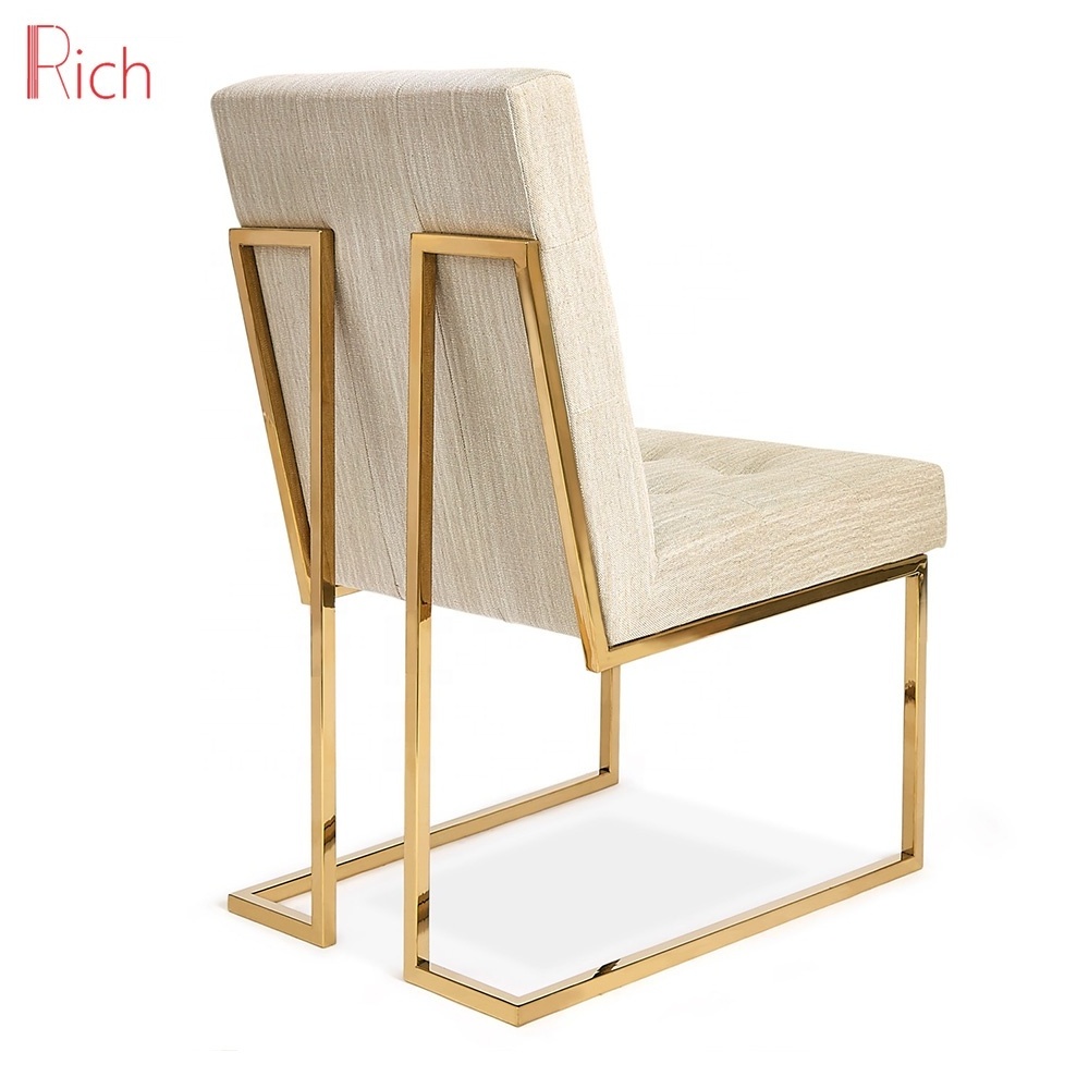 Foshan Home Furniture Beige Fabric Upholstery Leisure Chair Polished Gold Frame Dinning Room Goldfinger Chair