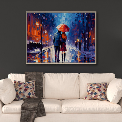 Canvas Art Prints Wall Art Stretched Frame Oil Painting Romantic Lovers with Red Umbrella for Wall Decoration City Walk