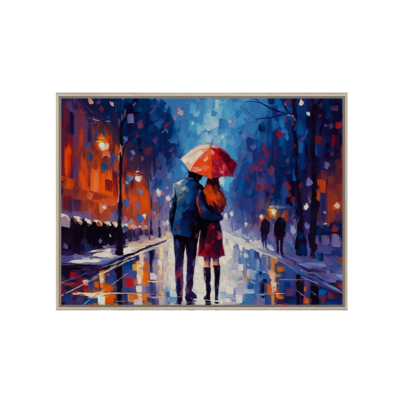 Canvas Art Prints Wall Art Stretched Frame Oil Painting Romantic Lovers with Red Umbrella for Wall Decoration City Walk