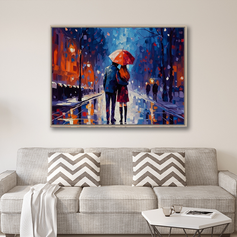 Canvas Art Prints Wall Art Stretched Frame Oil Painting Romantic Lovers with Red Umbrella for Wall Decoration City Walk