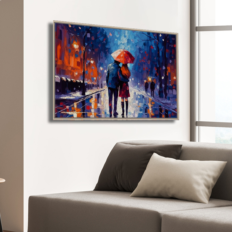 Canvas Art Prints Wall Art Stretched Frame Oil Painting Romantic Lovers with Red Umbrella for Wall Decoration City Walk