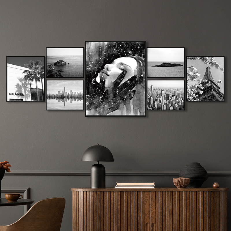 Cities and Women Art Set of 7 Black and White Photography Canvas Prints Wall Decor for Bedroom Living Room Bathroom