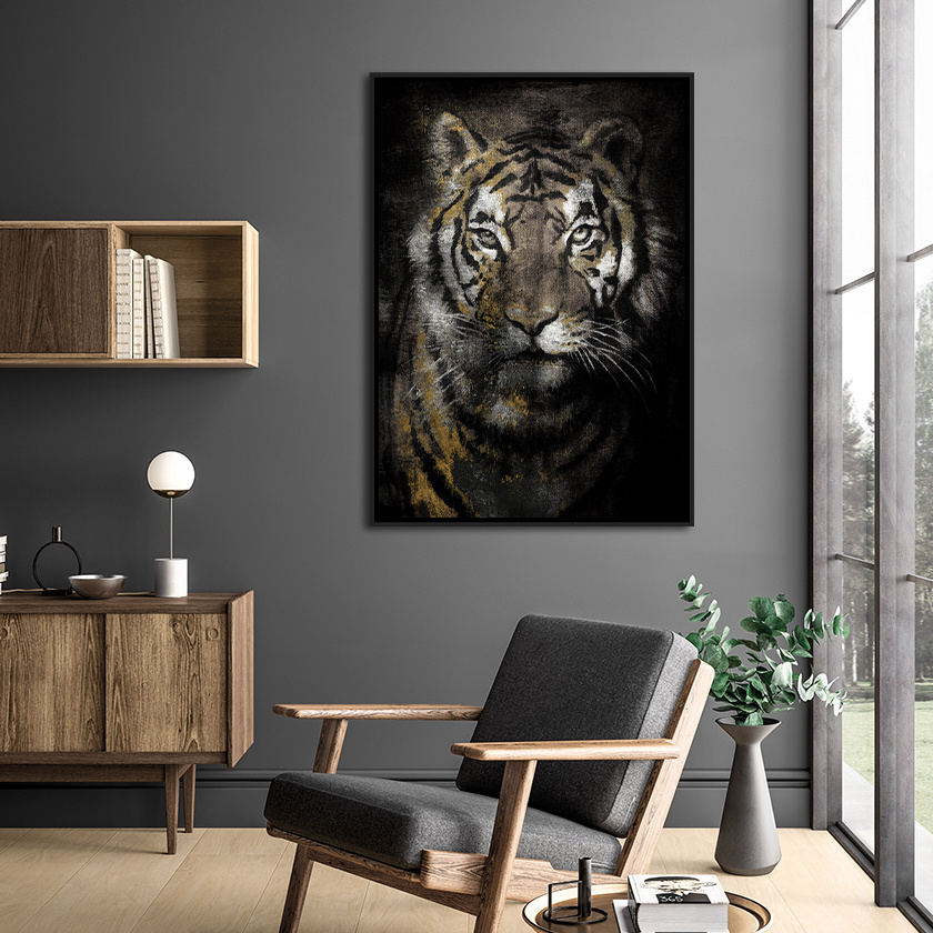 Painting Canvas Art Tiger Portrait Stretched Wall Art Framed Canvas Gold Foil Picture Figure for Living Room Bedroom