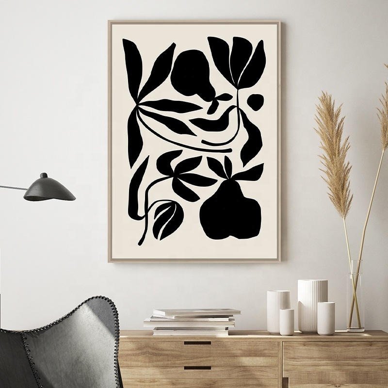 Abstract Wall Art Flowers and Fruits Hanging Painting Framed Canvas Art Modern Wall Decor 3D Texture Black Floral Botanical