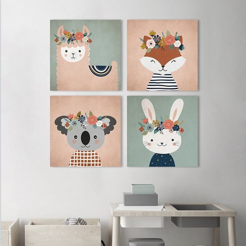 Adorable Animals Art Print Set of 4,Canvas Canvas Cartoon Inspirational Forest Animal Picture for Kids Room Nursery Decor