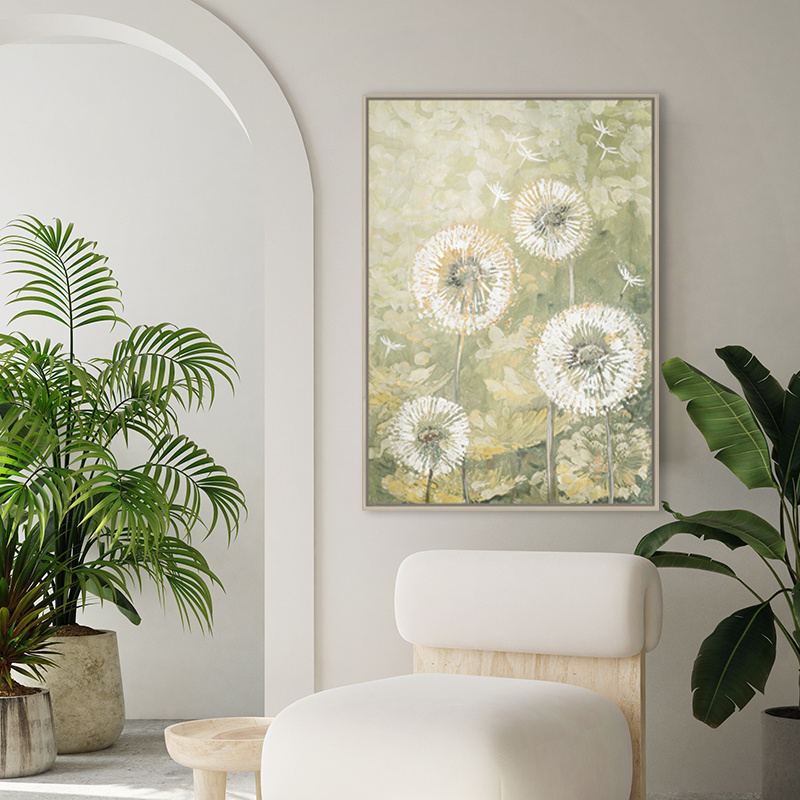 Hand-painted Dandelion Oil Paintings For Wall Decoration Framed Flower Painting Gold Foil Natural Landscape Gallery Wall Art