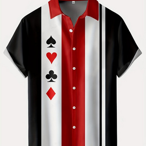 Fashionable Men's Poker Cards Pattern Striped Graphic Casual  Short-sleeve Shirt For Summer, Plus Size